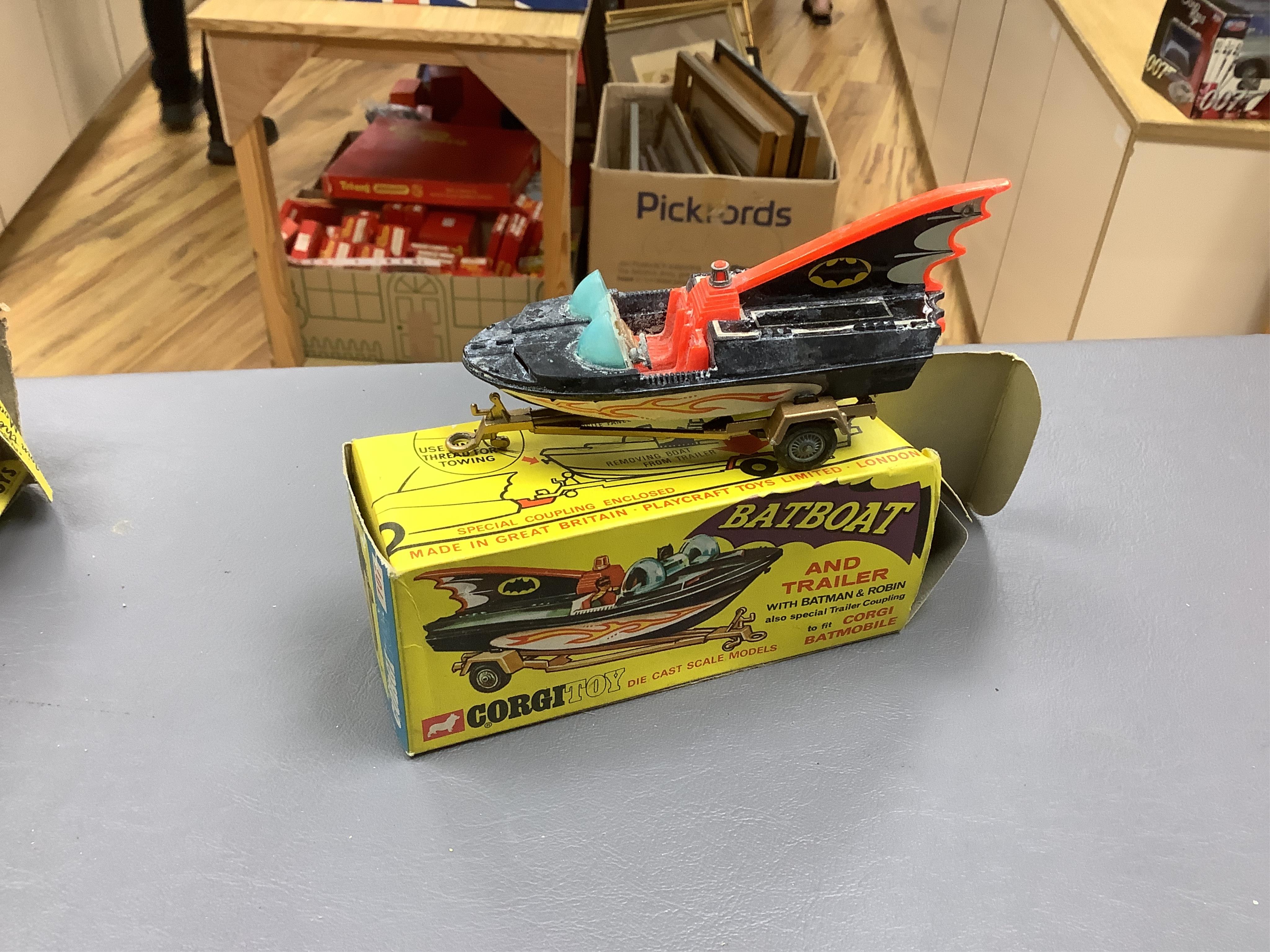 Seven boxed television related Corgi Toys; James Bond 007 Toyota 2000 GT (336), The Green Hornet’s Black Beauty (268), The Saint’s Volvo P1800 (258), The Man From Uncle Thrush-Buster (497) with inner display stand and Wa